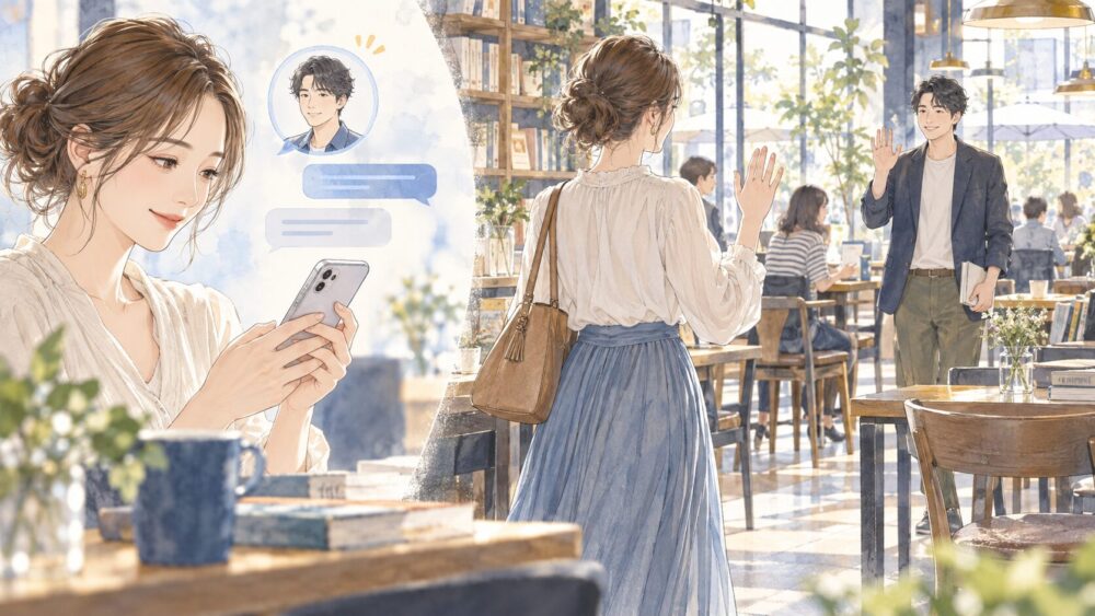 スマートフォンの出会いを調べ、オフパコの意味や安全性を確認する女性。