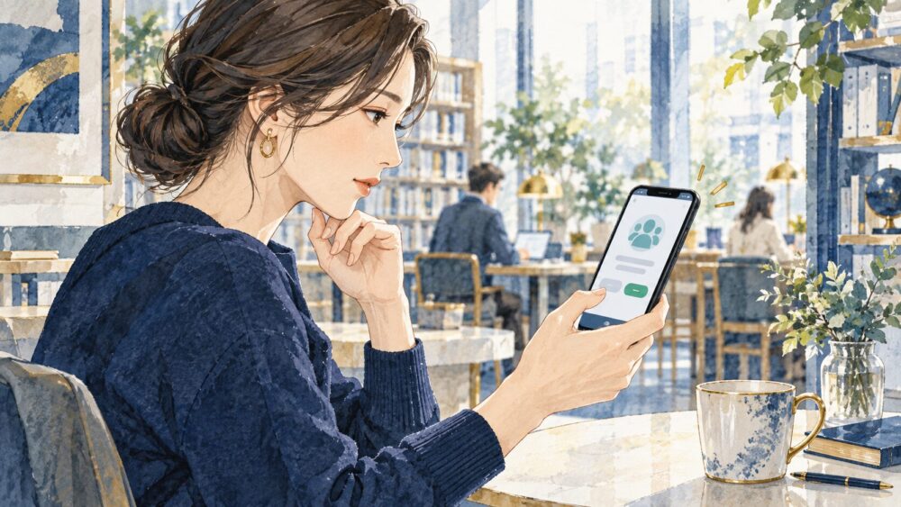 見知らぬグループからの誘いに応じる前に、スマートフォンを見て考える女性。