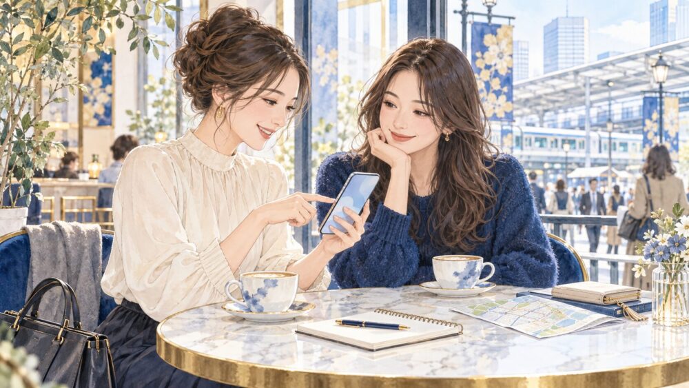 友人とスマートフォンや地図を見ながら、会う前の安全対策を確認する女性たち。