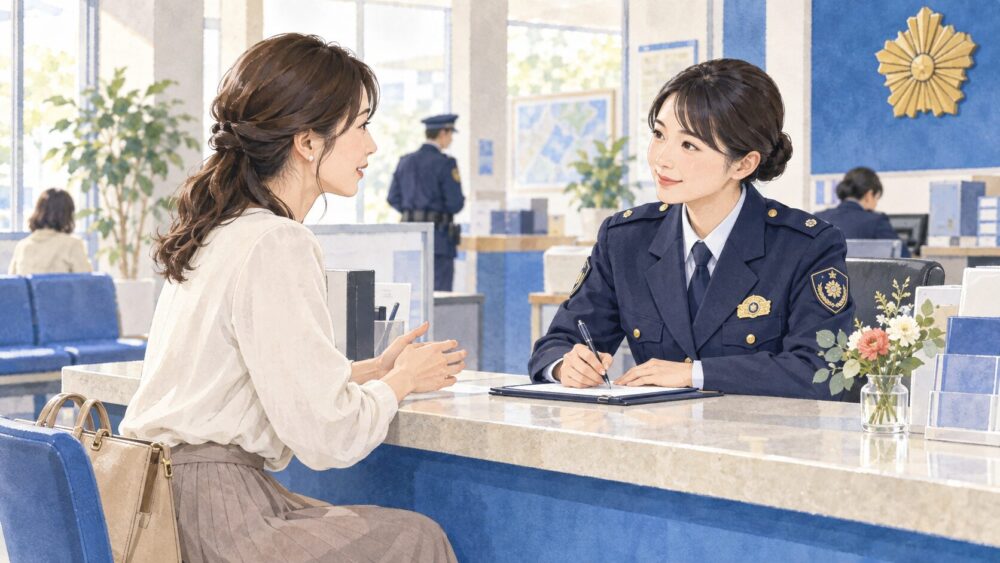 警察相談窓口で担当者に状況を説明する女性。