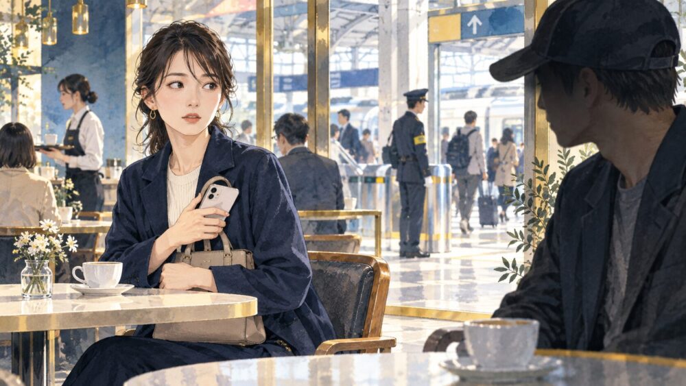 人通りのある駅近くのカフェで、初対面の相手との距離を保ち身の安全を意識する女性。