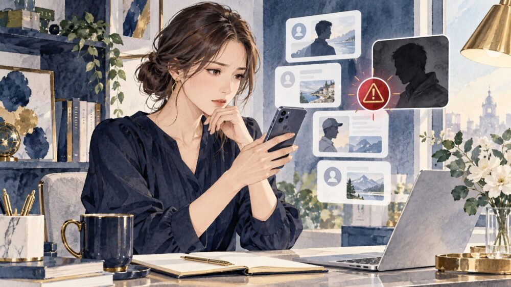 SNSのメッセージを読み、相手のプロフィールや誘いを慎重に確かめる女性。