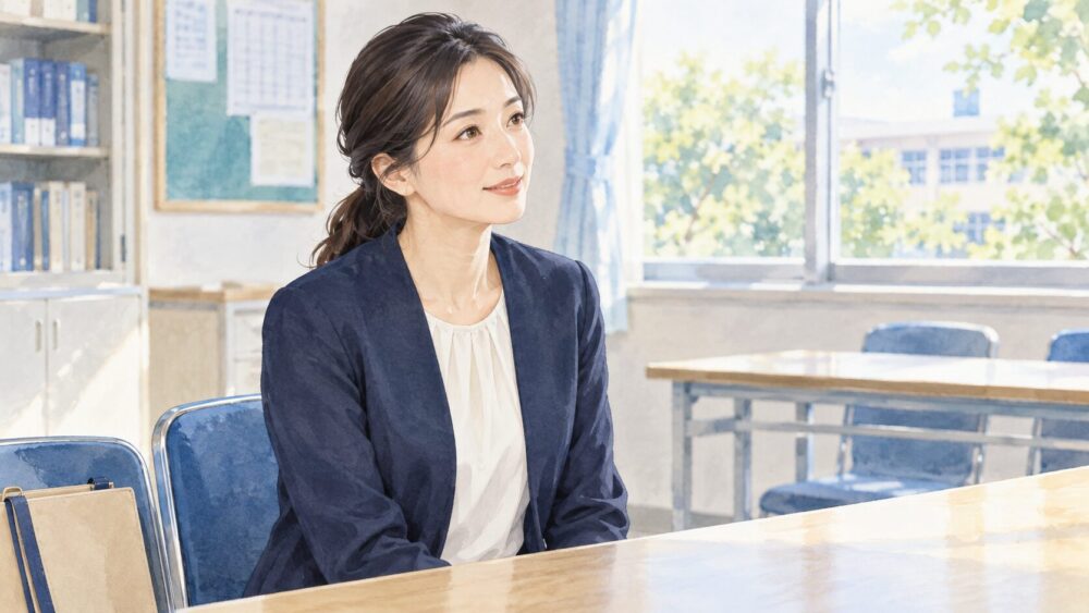 保護者説明会で、落ち着いた表情で先生の話を聞く女性。