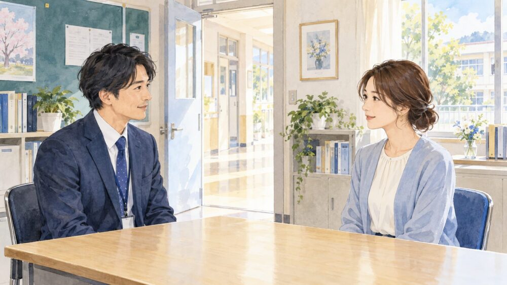 学校の相談室で、向かい合って話をする先生と保護者。