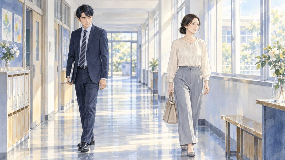 学校の廊下ですれ違う際、視線をそらす先生と保護者。