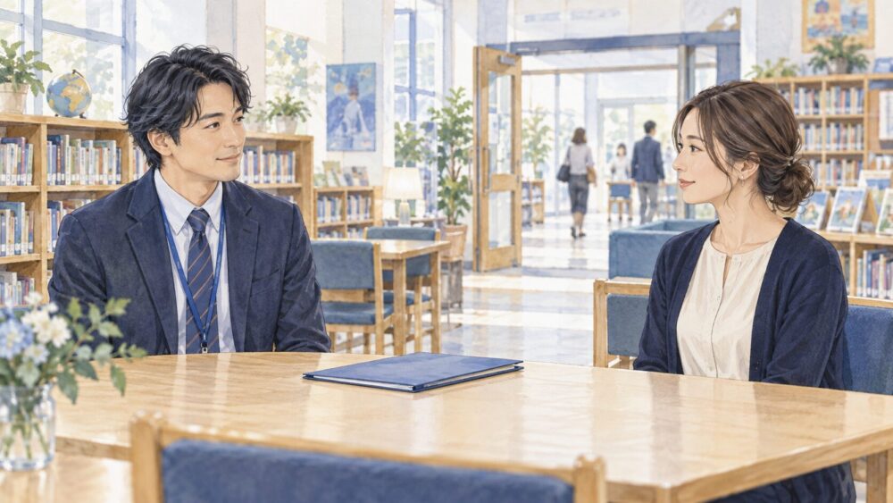 校内の開放的な図書室で、先生と保護者が距離を保って会話する場面。