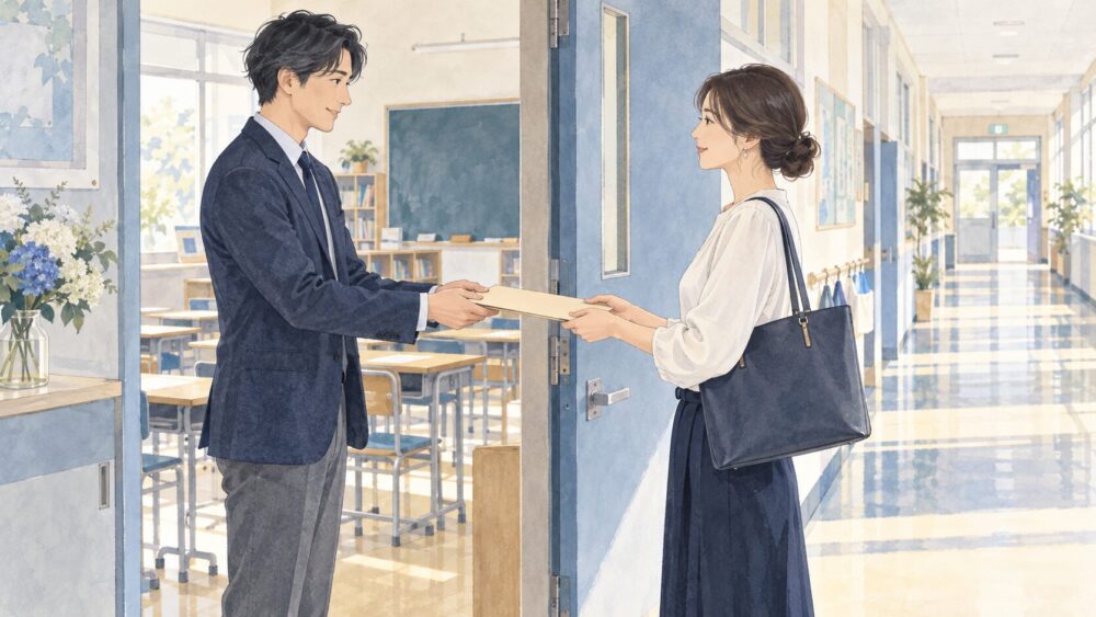 開いた教室の入口で、書類を受け渡す先生と保護者。