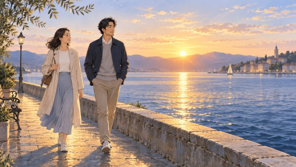 水辺を並んで歩く二人と、朝日に照らされた穏やかな道。