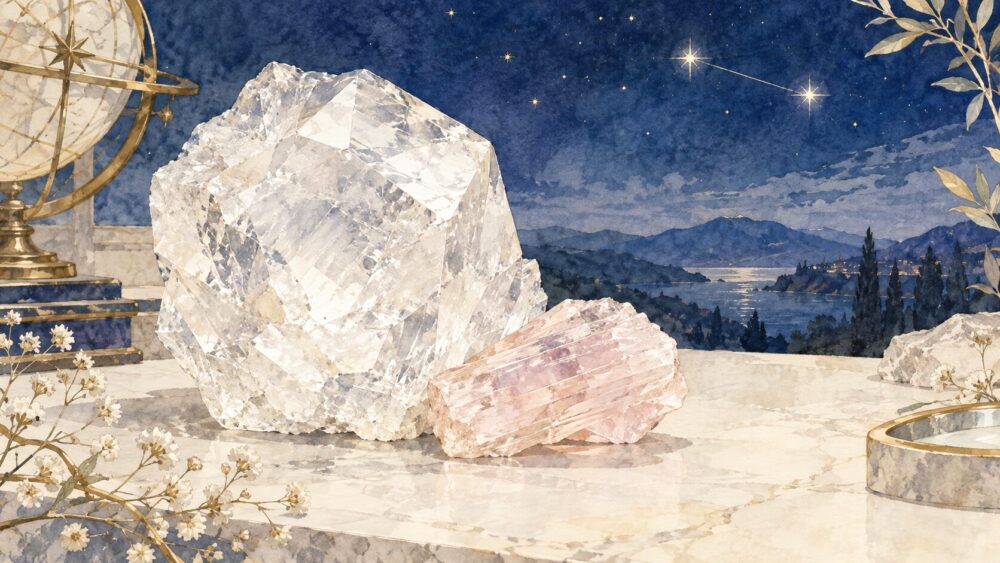 透明感のあるポルサイト原石と淡いピンク色の結晶を並べた水彩イラスト。