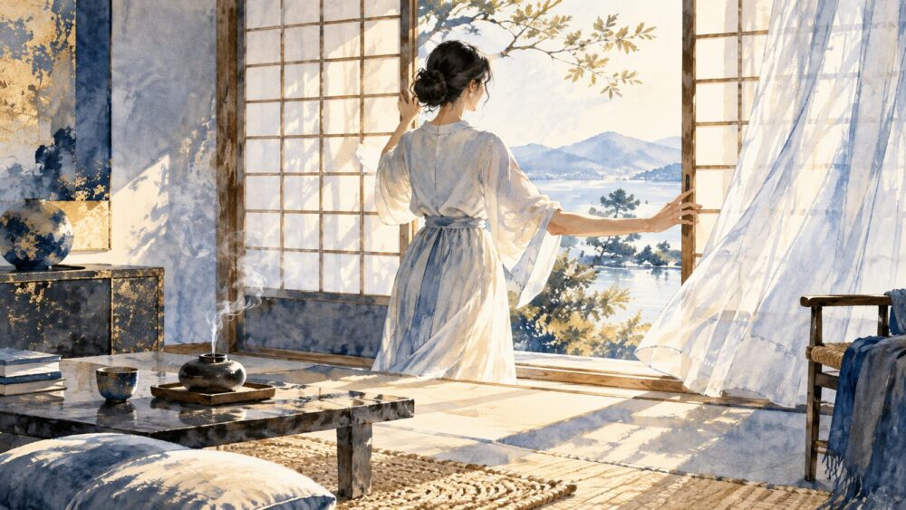 香りが残らないよう窓を開け、部屋の空気を入れ替える女性。