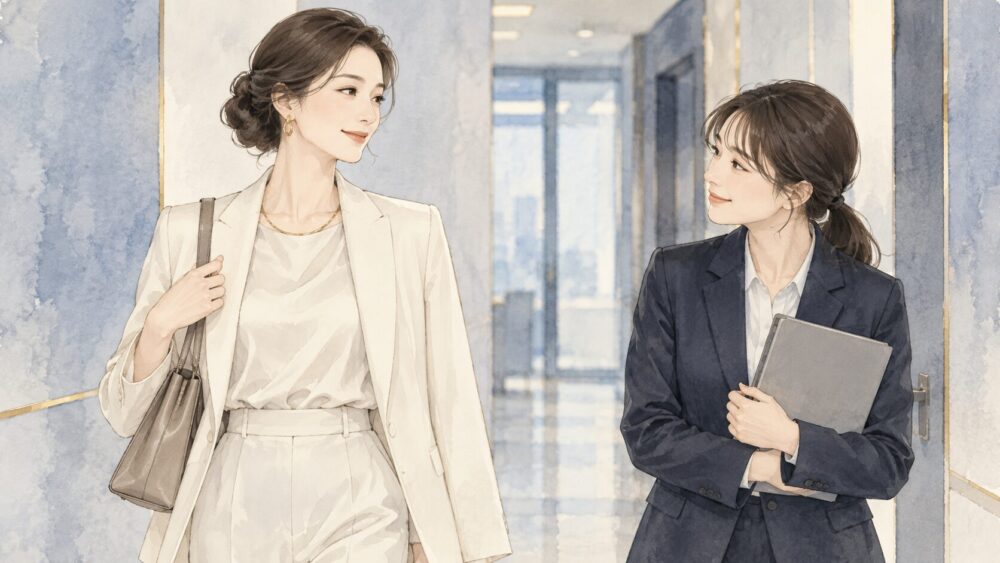 落ち着いた雰囲気の女性と、笑顔で応じる同僚。