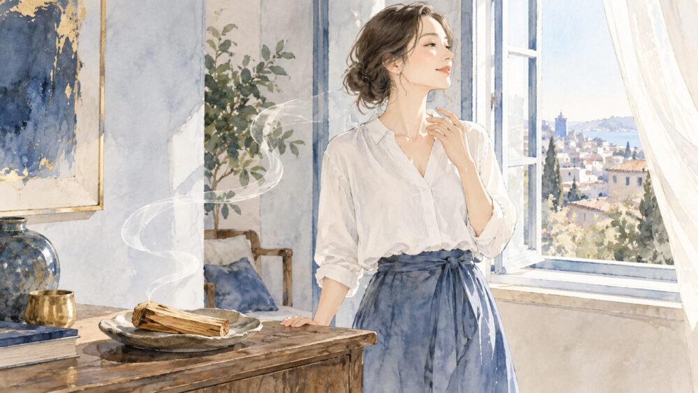 窓辺でふと香りに気づき、静かに周囲を見渡す女性。