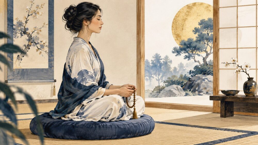 数珠を手に静かに瞑想する女性。