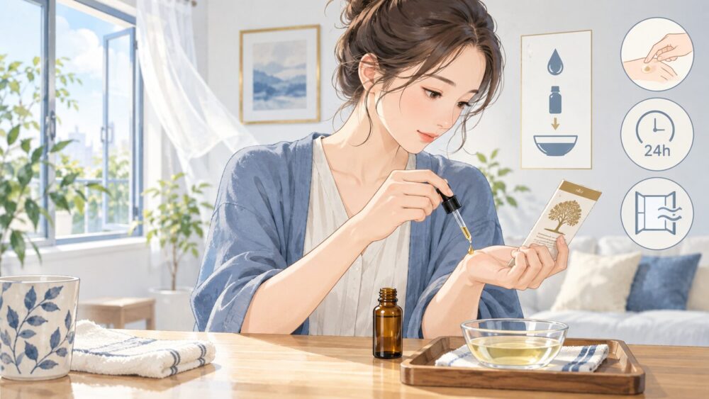 希釈した白檀精油を腕で試し、使用前の注意を確認する女性。
