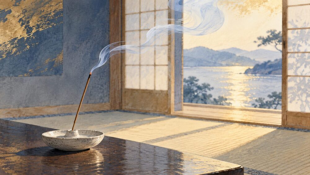 障子のある部屋で一本の線香から細く煙が立ちのぼる。