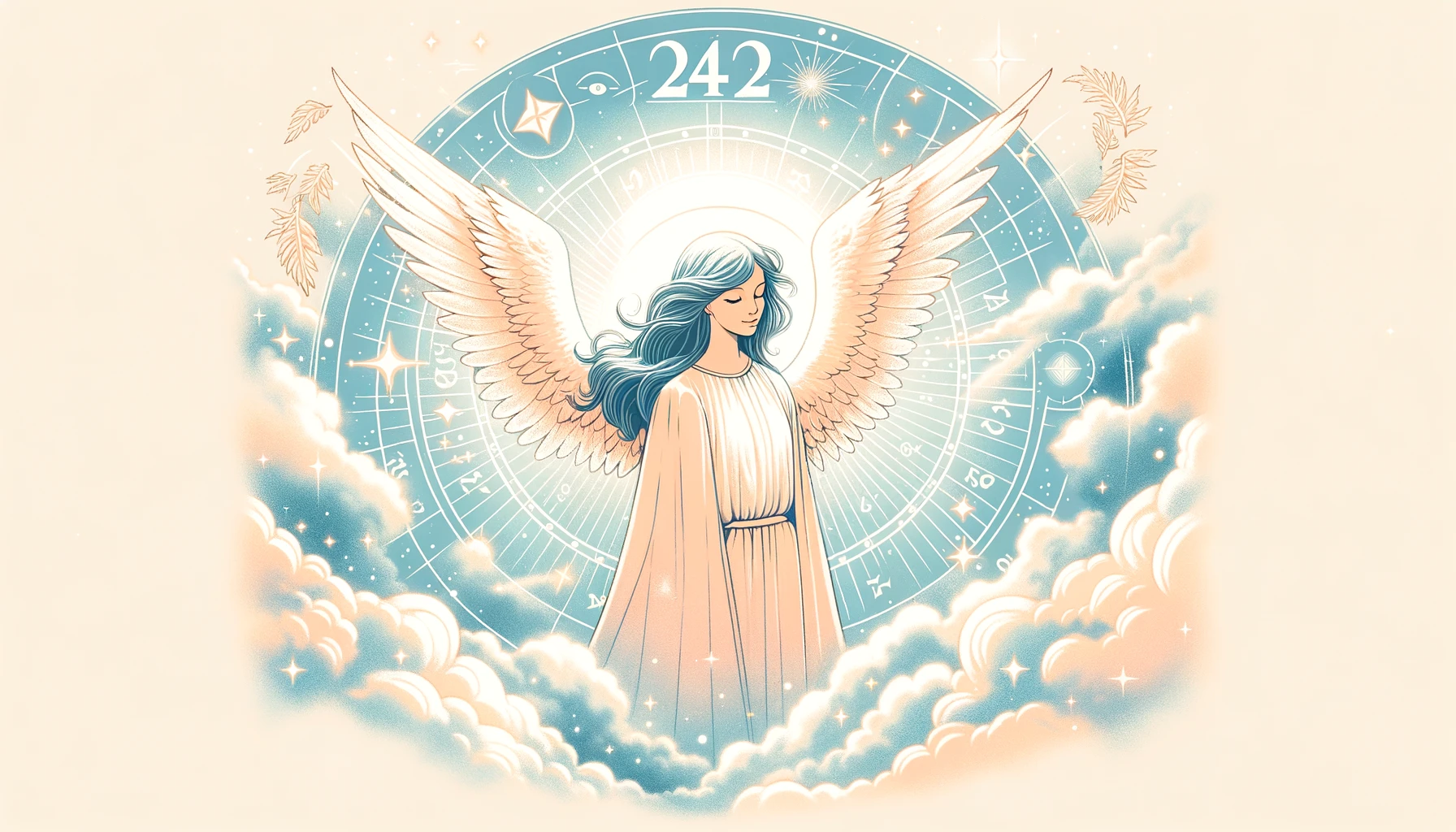 「エンジェルナンバー242の意味・前兆」というテーマに基づいて作成したアイキャッチ画像です。天使の存在と数字「242」を通じて導きと保護を象徴するデザインを採用しています。記事の内容と調和する、穏やかでスピリチュアルな雰囲気を表現したイメージとなっております。