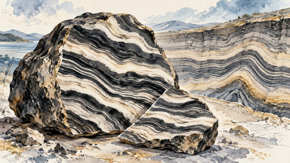白黒の縞模様が内部まで続くゼブラジャスパーの断面と地層を描いた図。