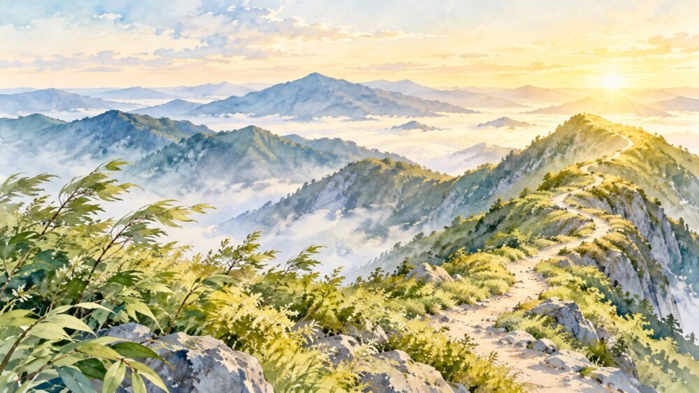 緑の山道と風に揺れる木々、朝の光。