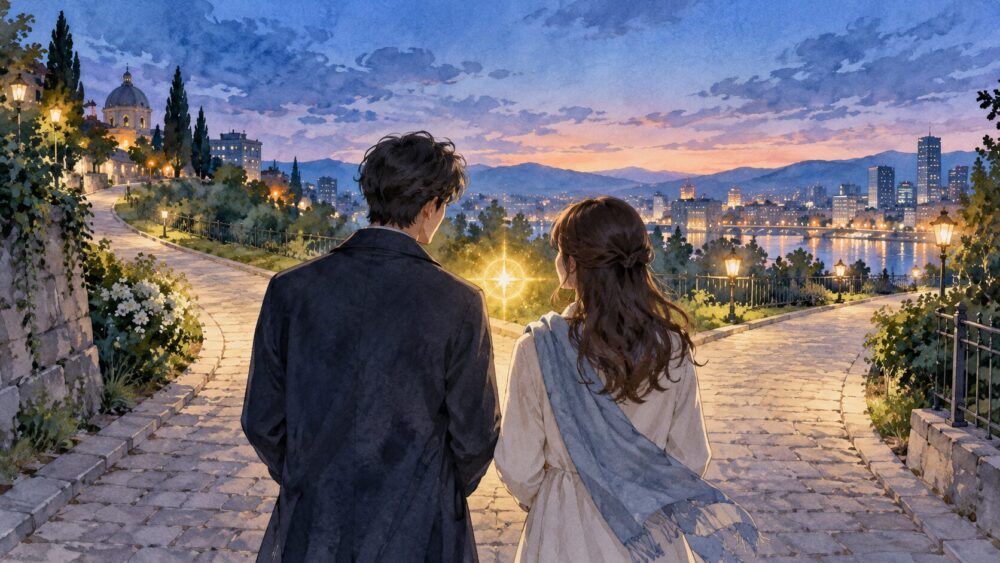 夕暮れの街をゆっくり歩く男女。