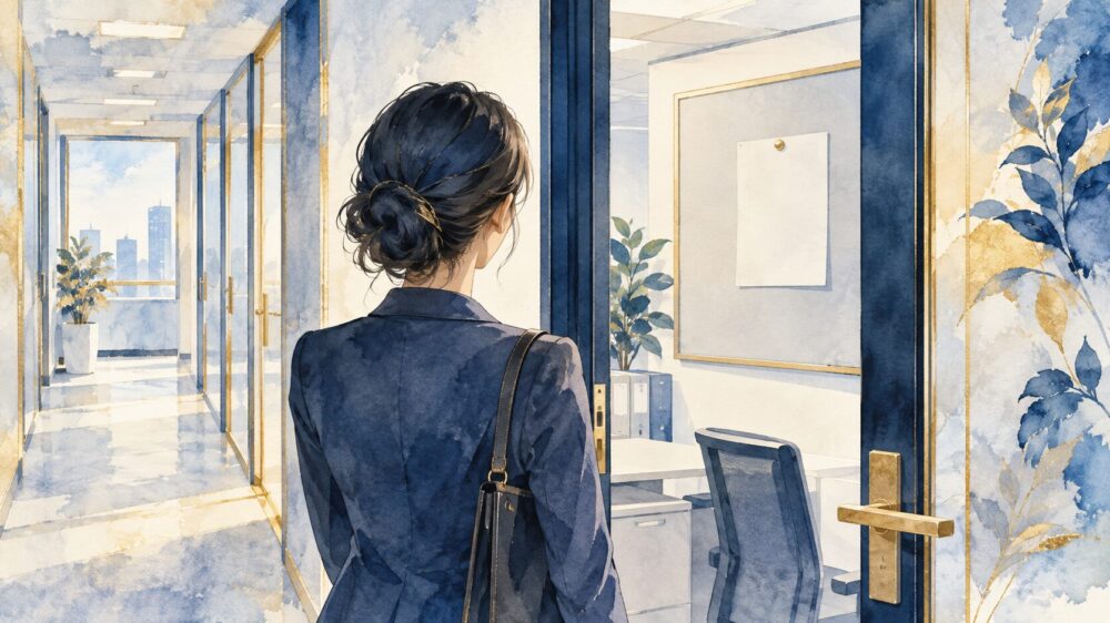 職場の扉の前で次の一歩を考える女性。