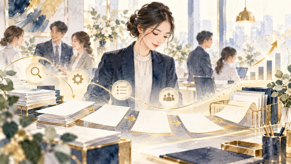 職場で書類を確認する女性。