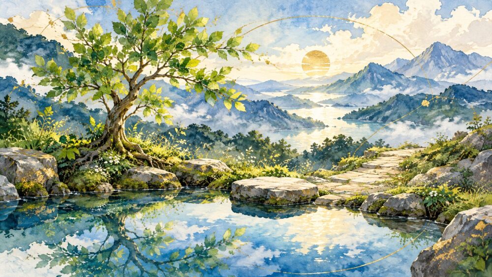 水辺に根を張る一本の木と、青い朝の光。