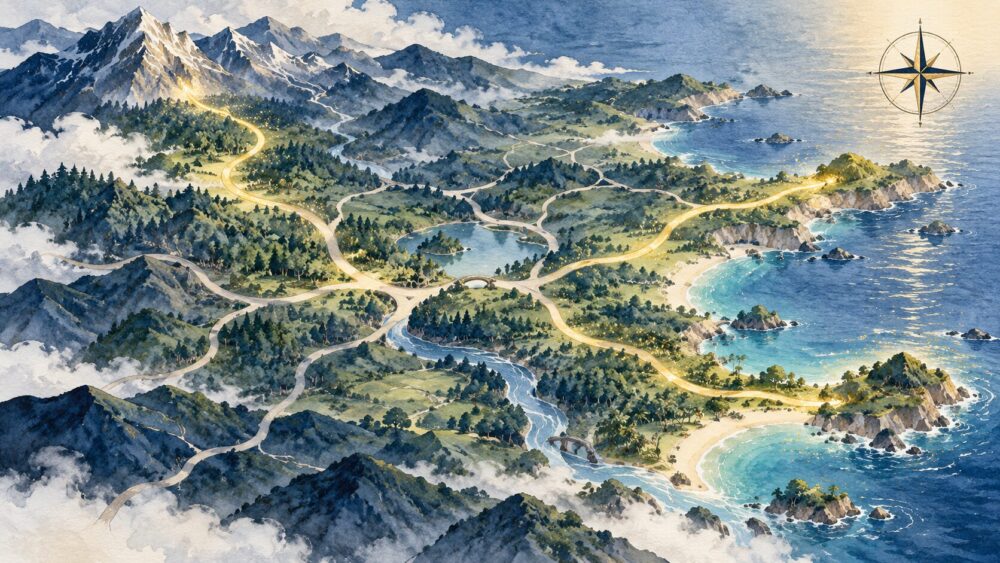 海岸へ続く道筋を描いた青い旅の地図。
