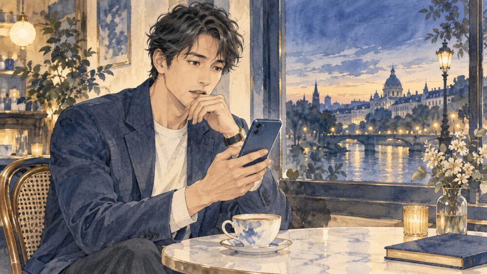 スマートフォンを前に複雑な感情と葛藤を抱える男性。