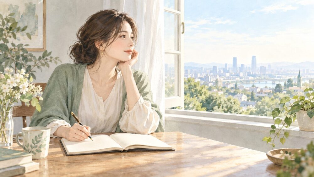 窓辺で自分の気持ちを整理し、今後の関係を考える女性。