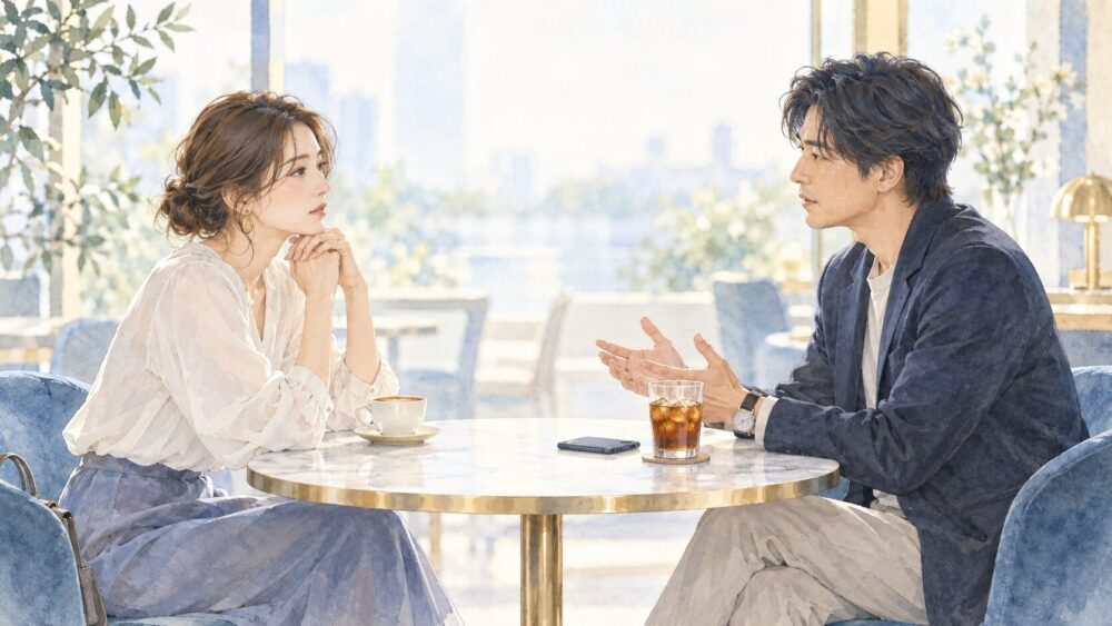明るいカフェで関係の希望や境界線を率直に話し合う成人の元恋人同士。