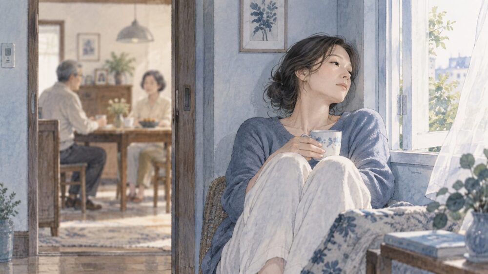 親と同じ部屋で疲れを感じ、窓辺でひとり休む成人女性。