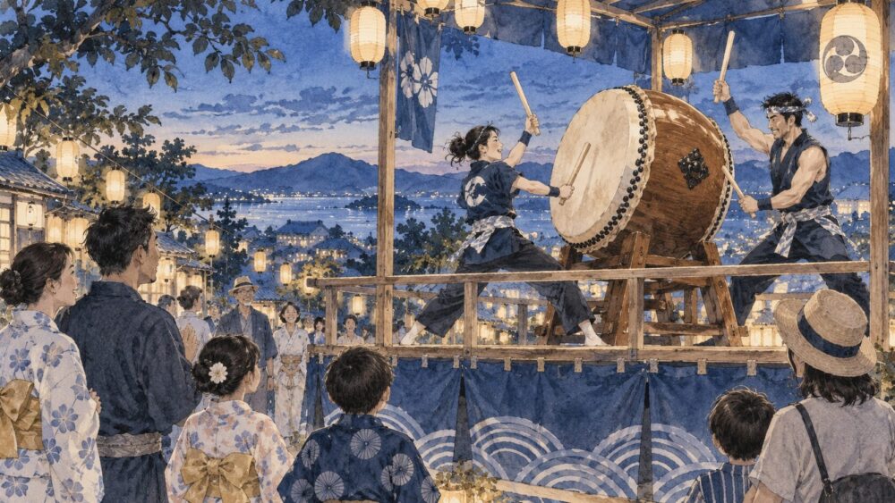 夕暮れの祭りで和太鼓を演奏する人たちと、見守る地域の人々。