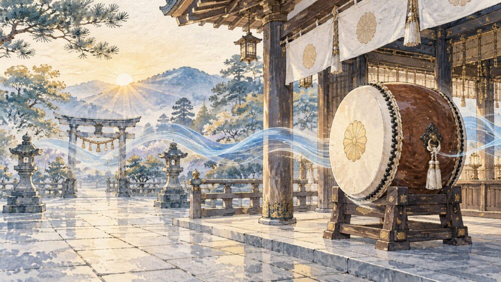 朝の神社に置かれた和太鼓と、境内に広がる青い音の波。