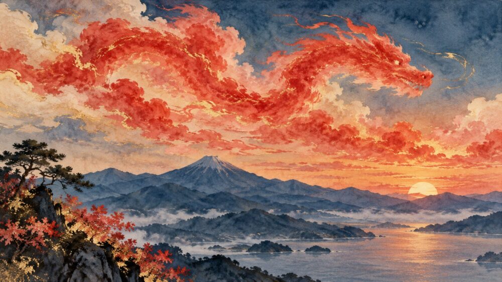 夕暮れの赤い雲が山並みの上に龍の形を思わせる様子。