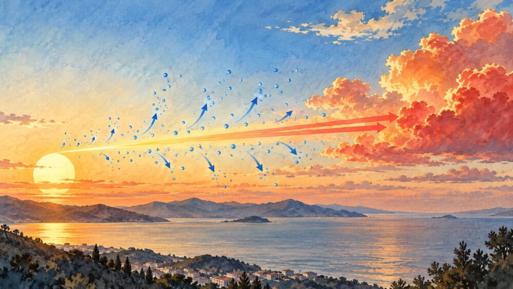 地平線近くの太陽光が大気で散乱し、雲を赤く照らす仕組みの図。
