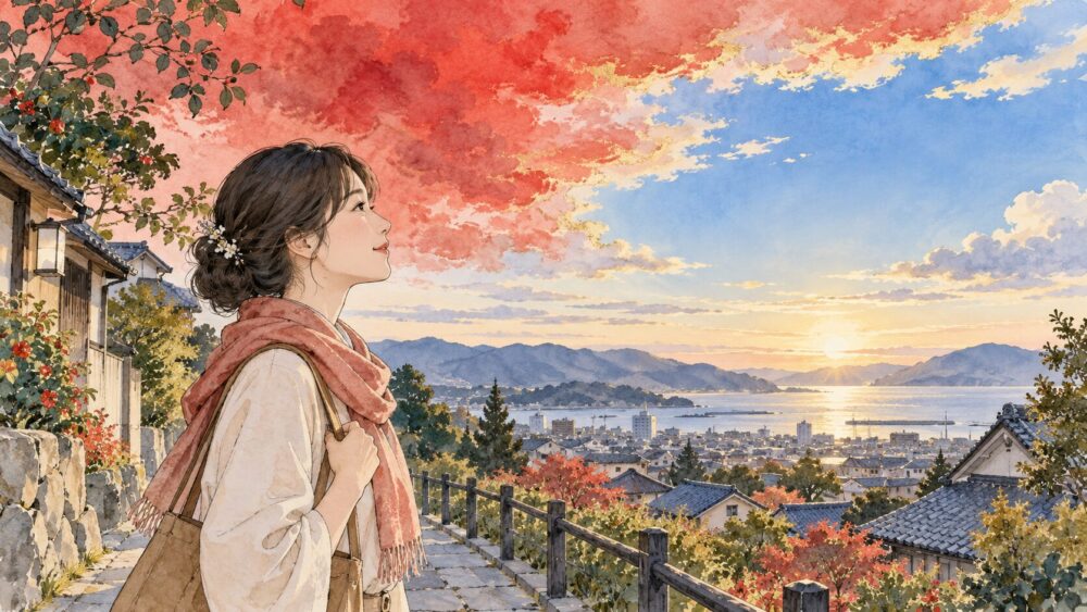 赤い雲の切れ間から青空が見え、街の道で空を見上げる女性.
