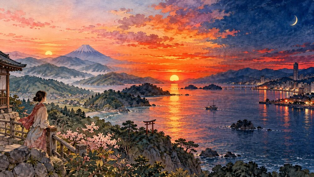 朝焼け・夕焼け・夜の赤い空を、一続きの風景で見比べるイラスト。