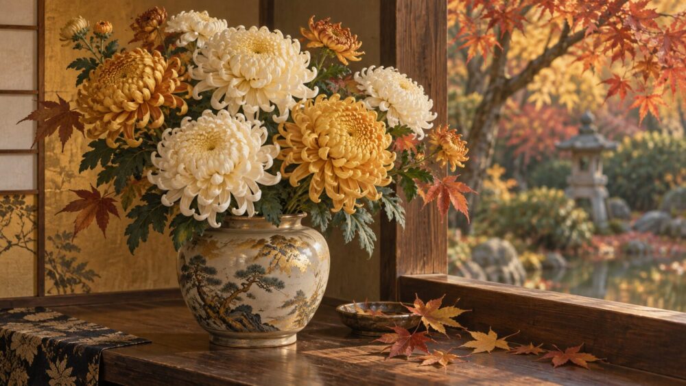 秋の紅葉を背景に、和の花器に生けた白と黄金色の菊。
