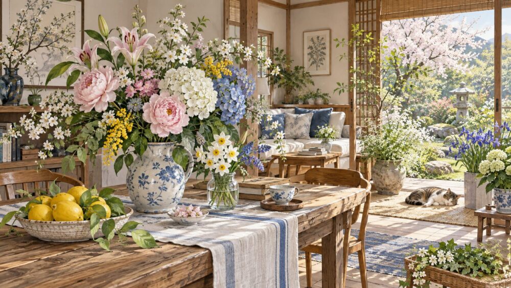 季節の花々が飾られた、光の差し込む日本家屋の居間。