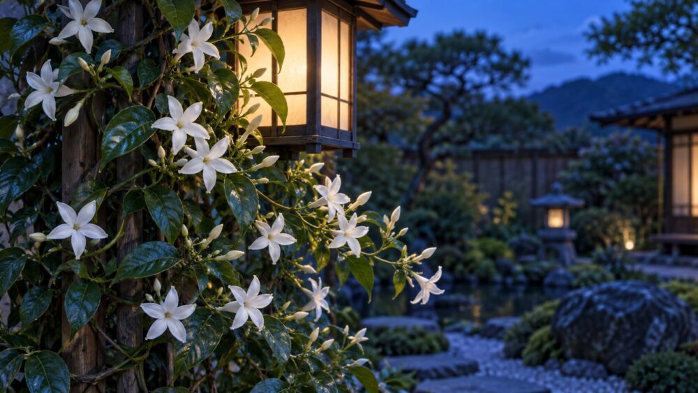 青い夕暮れに、灯籠のそばで咲く白いジャスミン。