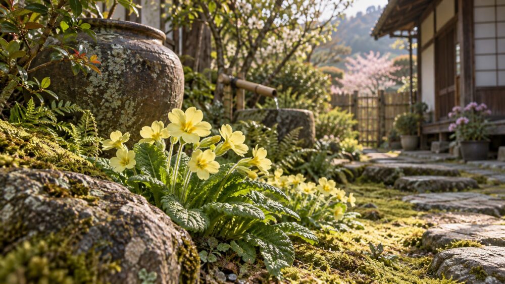 古い日本家屋の庭に咲く、小さな黄色いプリムラ。