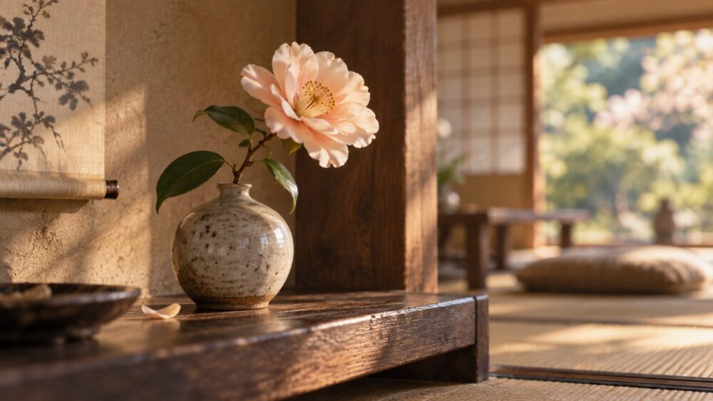 午後の光が差す部屋の棚に飾られた、一輪の淡い桃色の花。