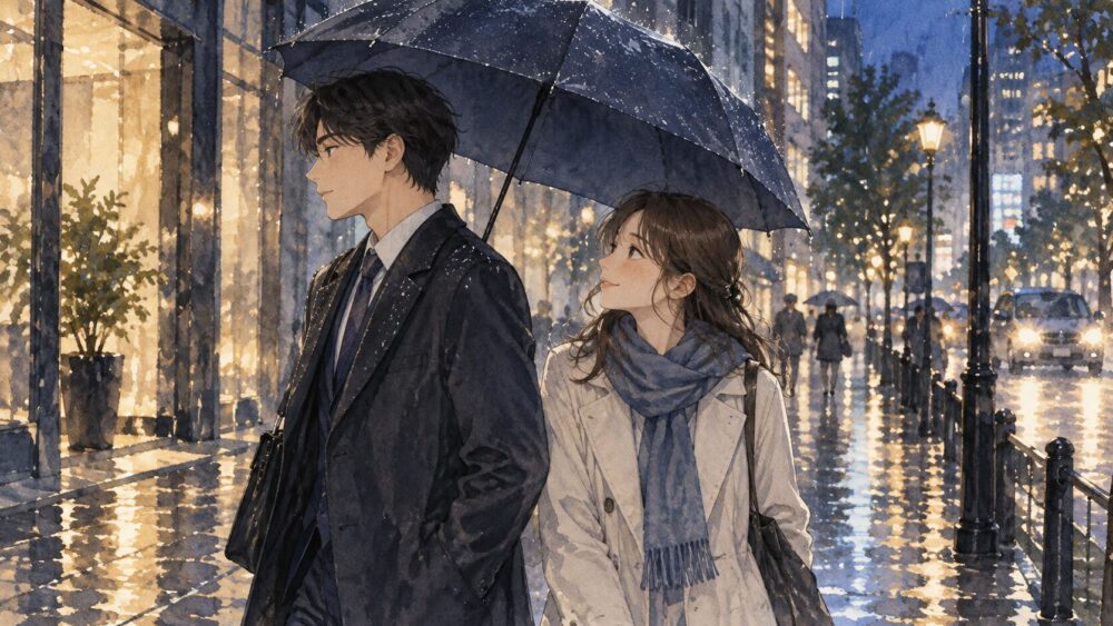 視線をそらしつつ傘を傾けて気遣う男性と女性。