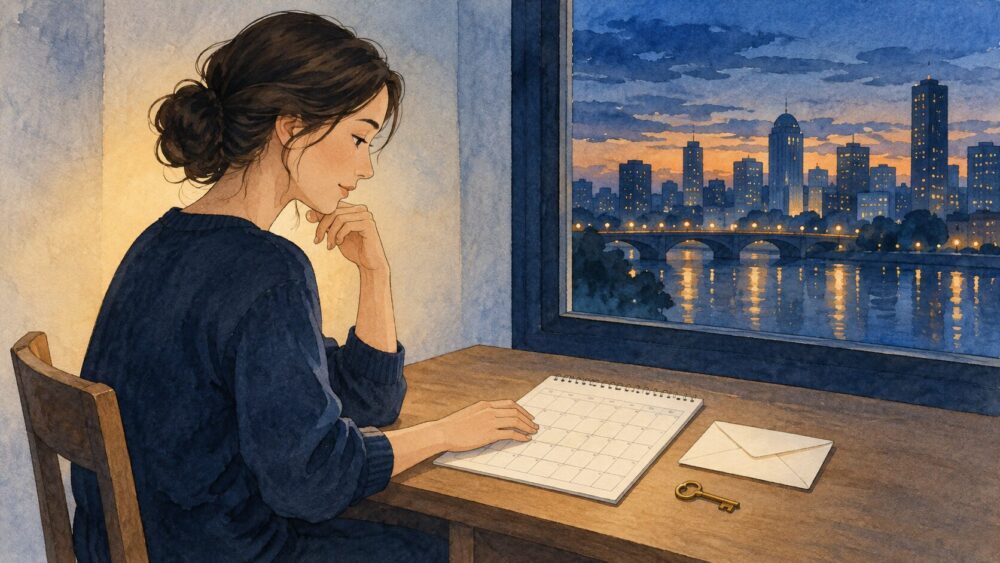 予期しない変化の中で予定を整理し、落ち着いて考える女性。