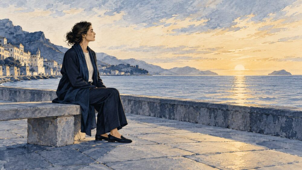 海辺のベンチで足を地面につけ、朝の海を眺めながら一息つく女性。