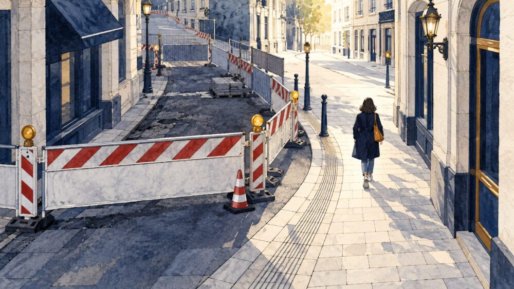 工事中の道を避け、明るく安全な迂回路を選んで歩く人。
