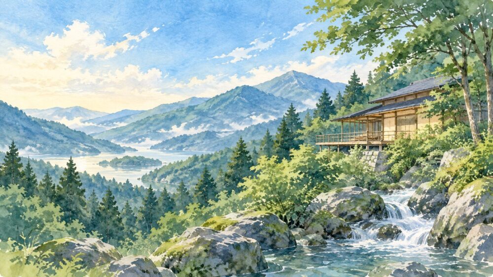 山あいの小さな宿と静かな森に包まれたリトリートの風景