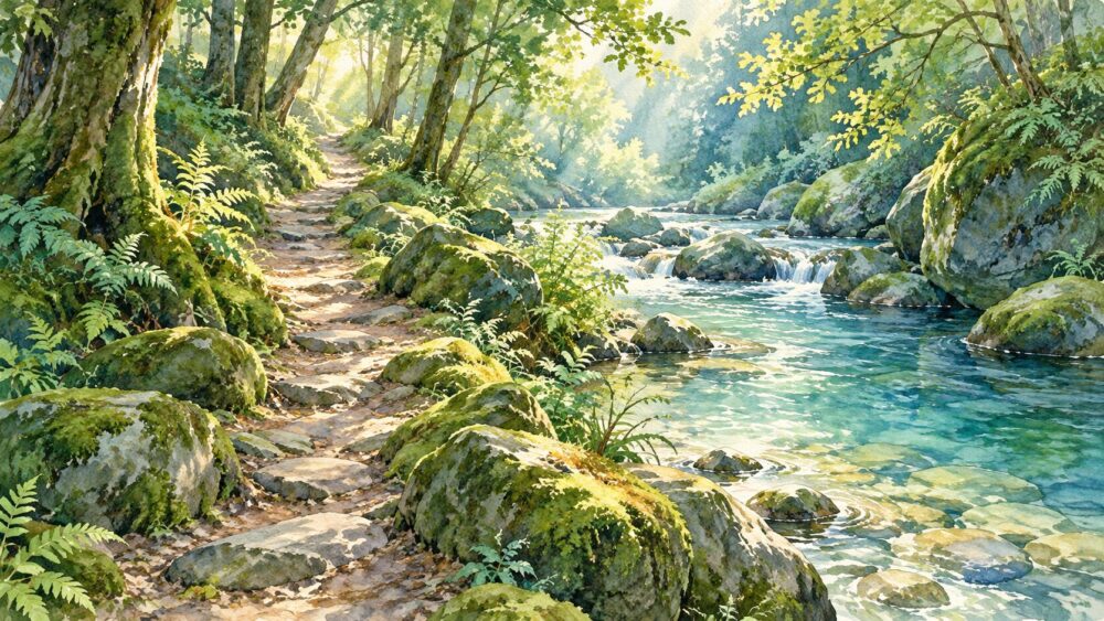 苔むす森の小径と清流が続く心身を整える自然の道