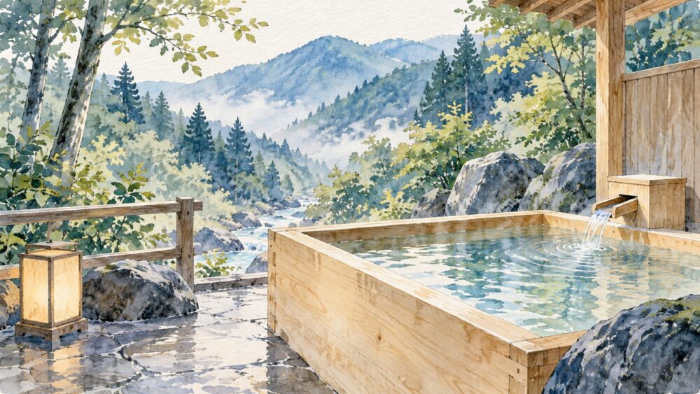 木造の露天風呂と山の緑に包まれた湯治リトリート