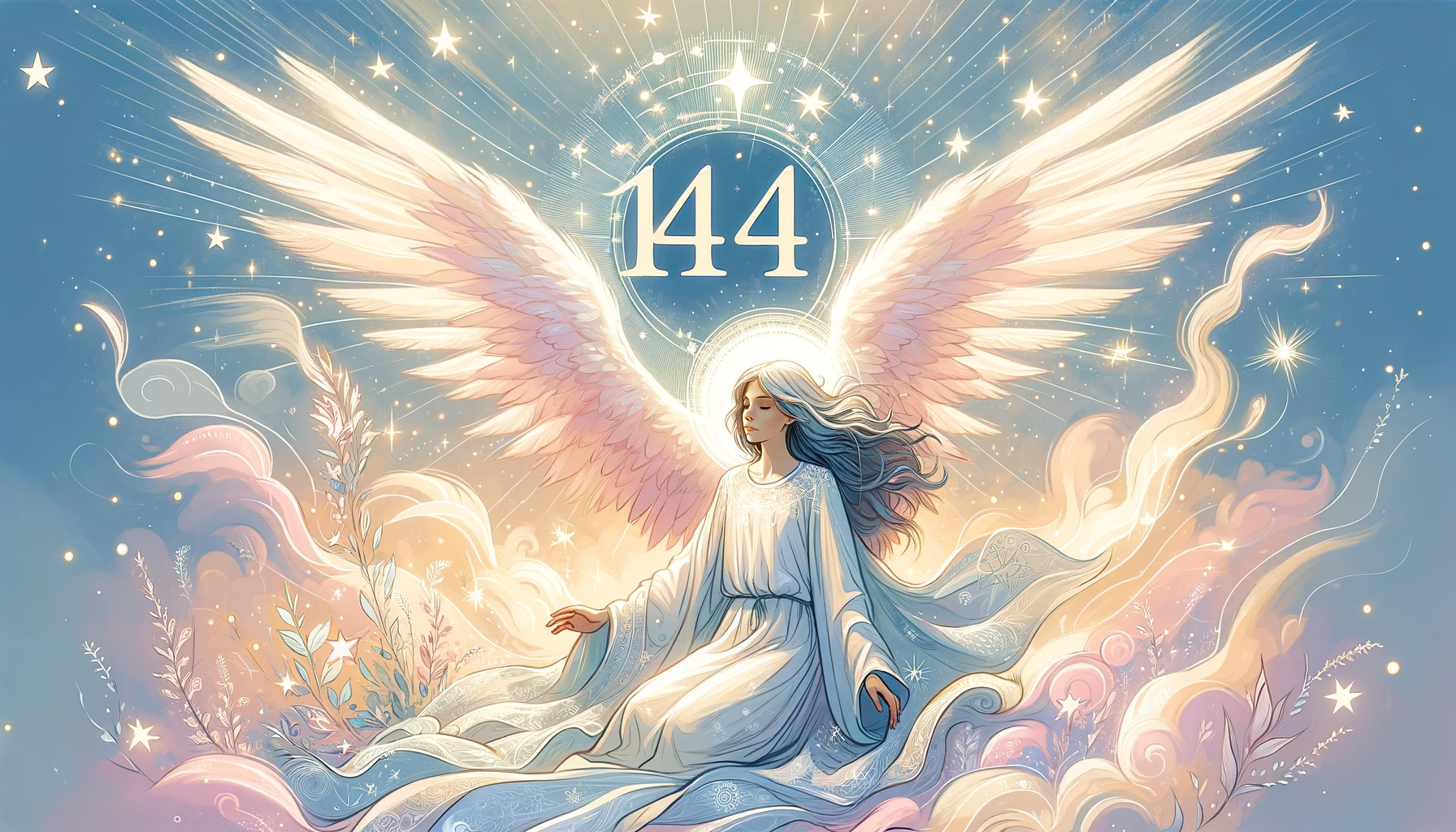 「エンジェルナンバー144の意味・前兆」というテーマに基づいて作成したアイキャッチ画像です。天使の存在と数字「144」を通じて導きと保護を象徴するデザインを採用しています。